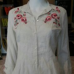 Lucky Brand Jeans Embroidered Linen Shirt, Large. This Beautiful Long Sleeve Shirt Features Floral Embroidery On Chest, Back And Sleeves. Raw Edges. Embroidered Linen Button-up Top, Casual Fitted Shirt With Multicolor Embroidery, Linen Button-up Top With Embroidery, Fitted Casual Shirt With Multicolor Embroidery, Linen Embroidered Button-up Top, Spring Cotton Embroidered Top With Machine Embroidery, Casual Cotton Blouse With Machine Embroidery, Fitted Shirt With Multicolor Floral Embroidery, Casual Linen Blouse With Floral Embroidery