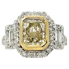 Baguette Halo, Light Yellow Diamond, Two Tone Engagement Rings, Contemporary Engagement Rings, Unique Diamond Engagement Rings, Shine Bright Like A Diamond, Ring Ideas, Yellow Stone, Radiant Cut