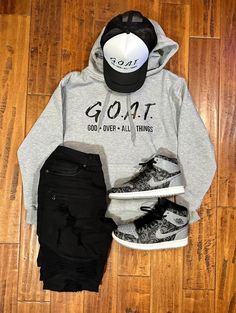 G.O.A.T. Gray Hoodie Graphic Hoodie Outfit, Grey Graphic Hoodie, Hoodie Outfit Men, Lake Elsinore, Gray Hoodie, Cool Outfits For Men, Hoodie Outfit, Grey Hoodie, Graphic Hoodie