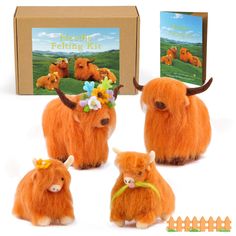 three woolly cows with flowers in their hair are shown next to a boxed book