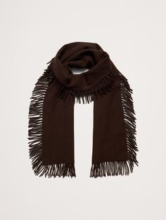 We added fringe to all sides of this soft wool scarf, adding dynamic movement and a touch of drama to any cold-weather ensemble.  Length: 85" Width: 20" Feather Diy, Dynamic Movement, Red Crewneck, Turtleneck T Shirt, Classic Trench Coat, Fashion People, Wardrobe Basics, Wool Pants, Chocolate Ganache