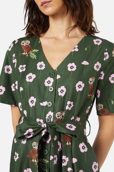 Owl printed jumpsuit- short sleeves- open v neckline- button through front- wide cut leg- crafted from textured cotton- available in green Product Code: PGFX443 Jumpsuit Short, Princess Highway, Your Spirit Animal, Green Product, Owl Print, Printed Jumpsuit, A Hug, Peek A Boo, Short Jumpsuit