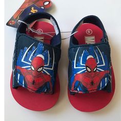 Marvel Spiderman Boys Sandals Size 5/6 New With Tags Fun Non-slip Closed Toe Sandals, Casual Non-slip Flip Flops For Playtime, Casual Slide Sandals For Playtime, Casual Non-slip Flip Flops, Synthetic Slide Sandals For Playtime, Playtime Sandals With Soft Sole, Fun Red Open Toe Sandals, Casual Flip Flops For Summer Playtime, Blue Sandals With Soft Sole For Playtime