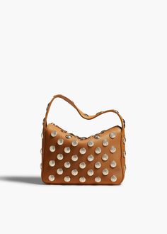 SMALL ELENA HANDBAG IN PEBBLED NOUGAT LEATHER WITH STUDS FRONT VIEW Elegant Evening Shoulder Bag With Rivets, Rectangular Studded Shoulder Bag For Everyday Use, Everyday Use Rectangular Studded Shoulder Bag, Everyday Rectangular Studded Shoulder Bag, Chic Rectangular Bags With Rivets, Chic Rectangular Studded Bag, Elegant Rectangular Bag With Rivets, Elegant Rectangular Bags With Rivets, Designer Formal Bags With Studs