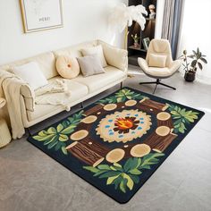 a living room with a couch, chair and rug on the floor in front of a window