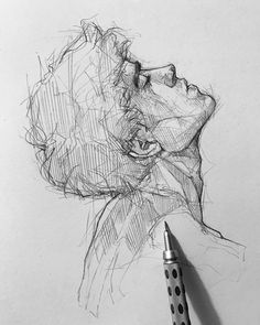 a pencil drawing of a woman's head with her eyes closed and mouth wide open