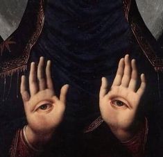 a painting with two hands reaching out to the moon in front of it, and an eyeball above them