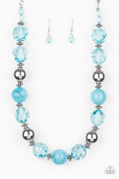 Infused with dainty silver accents, an exaggerated display of oversized silver beads, faceted blue crystal-like beads, and cloudy blue beads are threaded along an invisible wire below the collar for a colorfully statement-making fashion. Features an adjustable clasp closure.   Sold as one individual necklace. Includes one pair of matching earrings. Summer Closet, Necklace Sets, Paparazzi Accessories, Affordable Jewelry, Blue Necklace, Paparazzi Jewelry, Silver Accents, Boutique Jewelry, Blue Beads