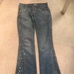 Tag Jeans W Flare Leg And Rhinestones Rhinestone Jeans, Tag Jeans, Jeans Color, Colored Jeans, Flare Jeans, Wide Leg, Color Blue, Women Jeans, Tags