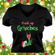 Drink Up Grinches Shirt Wine GLITTER FLAKE Heat pressed Vinyl (not Rhinestones) Christmas Holiday Gift T-Shirt Women Short Sleeve V-neck or Long Sleeve Crew Neck Option 1-LPC54V Port & Company Ladies Core Cotton Short Sleeve V-neck -5.4-ounce, 100% cotton -Side seamed Option 2-BC6405 Bella + Canvas Ladies Relaxed Short Sleeve V-neck -Relaxed fit -Tear-away label -Side seamed -4.2-ounce, 100% Airlume combed and ring spun cotton Option 3-LPC54LS Port & Company Ladies Core Cotton Long Sleeve Crewne Drink Up Grinches, Christmas Sweater Outfits, Bar Crawl, Glitter Shirt, Christmas Tree Decorations Diy, Glitter Flake, Biker T Shirts, Heat Press Vinyl, Christmas Wine