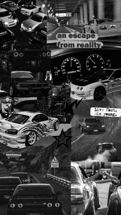 black and white collage of cars driving down the road