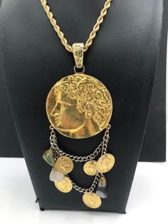 1970s Statement Coin Necklace Roman Emperor Caesars Motif - Etsy Vintage Metal Coin Pendant Necklace, Vintage Metal Coin Necklace, Handmade, Vintage Handmade Metal Coin Necklace, Vintage Coin Necklace With Large Pendant, Vintage Metal Necklace With Coin Pendant, Vintage Chain Necklace With Coin Pendant, Vintage Handmade Metal Medallion Necklace, Handmade Vintage Metal Medallion Necklace, Vintage Metal Coin Necklace