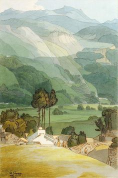 a painting of mountains and trees in the foreground, with people walking on the other side