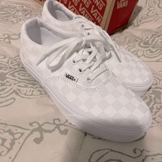 Women’s Size 5 Wide Van’s Checkerboard (White/White) Canvas Sneakers. New With Tags, Bought For My Daughter And Never Worn! White Lace-up Vans Sneakers, Classic White Vans Skate Shoes, Casual White Skate Shoes With Round Toe, Casual White Round Toe Skate Shoes, Trendy White Skate Shoes With Branded Insole, Vans White Skate Shoes With Round Toe, Classic White Lace-up Skate Shoes, Casual White Lace-up Skate Shoes, White Vans Sneakers