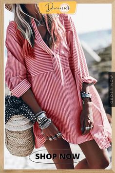 Casual Striped Split Joint Buttons Turndown Collar Shirt Dress Dresses（3 Colors） V-neck Shirt Dress For Beach Season, V-neck Shirt Dress For Beach Daywear, Casual Striped Shirt Dress With V-neck, Casual Striped V-neck Shirt Dress, Casual Long Sleeve Striped Mini Dress, Casual Long Sleeve Mini Dress For Summer, Casual Striped Long Sleeve Shirt Dress, Striped V-neck Shirt Dress For Beach, Long Sleeve Mini Dress For Beach Day Out