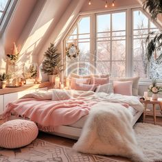 an attic bedroom decorated in pink and white with lots of natural light coming through the windows