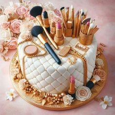 there is a cake with makeup on it