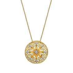 18K Gold-Plated Colored Gemstone and Diamond Accent Mandala Necklace  Colorful gemstones in a chic, floral-inspired scrollwork design, help this gold-plated necklace make a stylish statement at your neckline.        Necklace approx. 18"L     Drop approx. 35.01mm x 18.79mm     Spring ring clasp     Box chain necklace has open, disc-shaped center drop with decorative scrollwork and floral-inspired Mandala design featuring choice of colored gemstone and white diamond accents   Stone Information Yellow Gold Jeweled Necklace, Elegant Jeweled Gold Plated Necklaces, Elegant Jeweled Gold-plated Necklaces, Elegant Medallion Necklace With Intricate Design, Luxury Jeweled Yellow Gold Necklace, Luxury Yellow Gold Jeweled Necklace, Ornate Yellow Gold Diamond Necklace, Elegant Yellow Gold Jeweled Necklace, Fine Jewelry Yellow Gold Jeweled Necklace