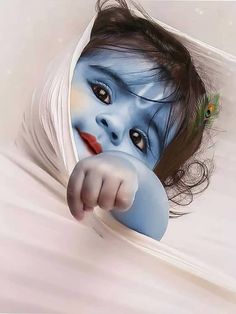 a painting of a girl with blue paint on her face peeking out from behind a white sheet