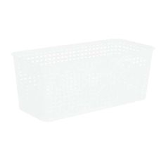 a white plastic basket with holes on the sides and bottom, sitting against a white background