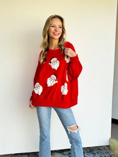 Add some sparkle and fun to your holiday wardrobe with our Red Sequin Santa Sweatshirt! This oversized sweatshirt features a fuzzy santa beard and is adorned with sparkly sequins. Perfect for the Christmas season, this unique sweatshirt will make you stand out and spread some holiday cheer. Sequin santa long sleeve Red sweatshirt Runs true to size, comfortable fit Perfect for Christmas festivities! Festive Long Sleeve Fall Sweatshirt, Oversized Christmas Crew Neck Sweatshirt, Oversized Crew Neck Christmas Sweatshirt, Casual Festive Sweatshirt For Fall, Casual Fall Festive Sweatshirt, Relaxed Fit Holiday Sweatshirt For Fall, Cozy Long Sleeve Holiday Tops, Casual Christmas Sweatshirt For Festive Occasion, Casual Christmas Festive Sweatshirt