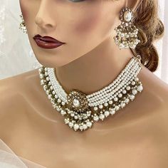 Bridal Jewelry Set, Victorian Pearl Choker Necklace Earrings, Indian Bridal Jewelry Set, Kundan Jewelry, Ivory Pearl Choker statement Set by GlamDuchess on Etsy White Pearl Earrings For Reception, White Pearl Drop Bridal Earrings For Reception, White Bridal Earrings For Reception And Festivals, White Dangle Bridal Necklace For Party, Cream Dangle Jewelry For Wedding, Traditional Cream Jewelry For Wedding, Elegant White Jewelry Sets For Reception, White Pearl Jewelry For Celebration, White Dangle Bridal Necklace For Wedding