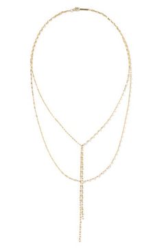 A twist of golden chains gives alluring style to a delicate 14-karat gold necklace. The fluid design moves throughout the day, taking on different shapes that further the style's intrigue. 23" longest strand length; 18" shortest strand length; 1" extender; 4 1/2" drop Lobster clasp closure. 14k gold. Made in the USA of imported materials. Elegant Double Strand Backdrop Necklace With Delicate Chain, Double Chain Lariat Necklace, Elegant Lariat Backdrop Necklace For Layering, Formal Long Drop Backdrop Necklace With Delicate Chain, Elegant Delicate Chain Lariat Layered Necklace, Elegant Lariat Drop Necklace With Chain, Elegant Gold Chain Lariat Necklace For Formal, Elegant Gold Chain Lariat Necklace For Formal Occasions, Elegant Gold Body Chain With Delicate Chain