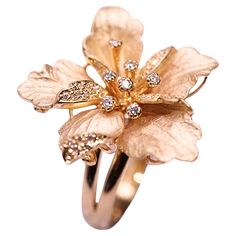 18K Yellow Gold Flower Ring with Diamonds Colored with Gold Powder Diamonds - 0.346 CT Total Weight - 10.81 GM Flower Diamond Ring, Gold Flower Ring, Fancy Yellow Diamond, Gold Powder, 18k Yellow Gold Ring, Modern Ring, Diamond Flower, Gold Flower, Color Ring