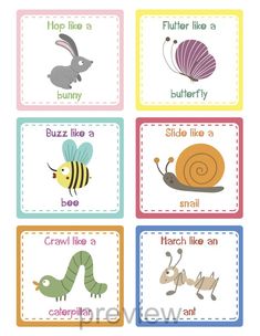 four cards with different animals and words on them, including an insect, butterfly, snail,