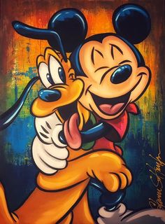 a painting of mickey and pluto hugging each other