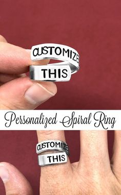 "Personalized Ring Hand Stamped Ring Spiral Ring Wrap Ring Custom Gift For Her Font shown is Arial This ring is ¼ inch wide and is made of a lightweight 14 gauge pure aluminum. -----------HOW TO ORDER---------- 1. Choose sides to be stamped from the drop down menu above \"Add to cart\" 2. In the personalization text box, add what you would like your ring to say and what font. OUTSIDE STAMPING: Up to 25 characters including spaces, punctuation & designs INSIDE STAMPING: Up to 25 characters in Personalized Rings For Birthday And Valentine's Day, Novelty Custom Name Jewelry For Gifts, Ring Wrap, Stamped Ring, Hand Stamped Ring, Mother Day Gift, Stamped Rings, Spiral Ring, Group Gifts