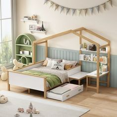 a child's bedroom with green and white decor