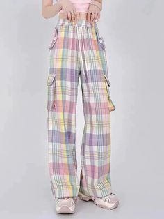 Cute Y2K Baggy Cargo Pants – Pastel Kitten Plaid Cotton Pants For Streetwear, Casual Plaid Bottoms With Pockets, Casual Plaid Wide Leg Pants, Multicolor Cotton Wide Leg Pants With Pockets, Casual Wide-leg Plaid Pants, Casual Plaid Wide-leg Pants, Casual Plaid Wide-leg Bottoms, Casual Full-length Plaid Pants, Spring Plaid Pants With Pockets