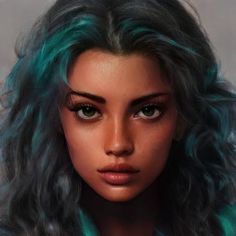 a digital painting of a woman with blue hair and green eyes looking at the camera