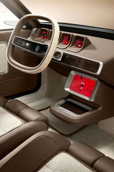 the interior of a modern car with red buttons