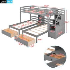 the bunk bed with drawers is shown in grey and features measurements for each mattress size