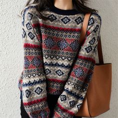 Material Composition: 100%WOOL Unique Sweaters For Women, Nordic Wool Sweater For Fall, Wool Jacquard Knit Tops For Winter, Winter Wool Jacquard Knit Tops, Wool Sweater With Fair Isle Pattern For Fall, Fall Wool Sweater With Fair Isle Pattern, Beige Wool Tops For Winter, Winter Wool Beige Top, Winter Beige Wool Top