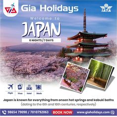 an advertisement for the asia holidays with images of pagodas and cherry blossoms in bloom