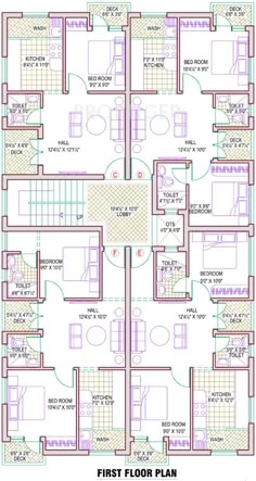 the first floor plan for a house with four rooms and three floors, all in different colors