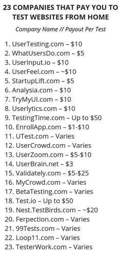 an image of a list with the words 25 companies that pay you to test website from home