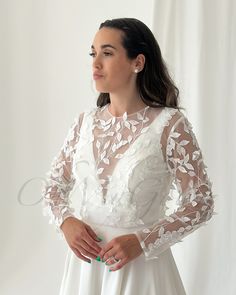 Follow us:  Instagram : Ohmygownstore Pinterest :  OhMyGown! Lace topper with Long sleeves. Modern Bridal Top. embellished Top. Lace Cover up. Wedding Separates Floral bride top , tulle top Lace Bodice Tulle Mother Of The Bride Dress, Tulle Wedding Dress With Illusion Neckline, White Tulle Wedding Dress With Lace Sleeves, Illusion Neckline Tulle Wedding Dress, Wedding Dress With Lace Top And Fitted Bodice, Long Sleeve Lace Wedding Top, Fitted Wedding Dress With Illusion Neckline, White Bridesmaid Wedding Dress With Lace Sleeves, White Bridesmaid Dress With Lace Sleeves