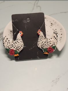 My earrings are:  *Light Weight *Durable  *Nickel Free *Hypoallergenic  Everything is handmade with love and care using high quality polymer clay. Speckled Chicken, Clay Chicken, Chicken Earrings, Rose Earrings, Handmade With Love, Clay Earrings, Jewelry Earrings Dangle, With Love, Etsy Earrings