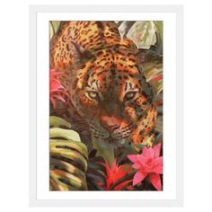 a painting of a tiger surrounded by tropical plants and flowers, with pink lilies in the foreground