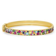 Making a jewelry statement could not be MORE fun, than with this incredible bangle. Varying sizes for rubies, sapphires, and amethyst tightly dance across the face of this solid gold bangle. It is a pure explosion of fun and joy! Available in 14k yellow, rose or white gold 3.80ctw rubies, amethysts and sapphires Available in 6", 6.25", 6.5" and 7" diameter Hinge and clasp By Eriness Luxury Multicolor Cluster Jewelry, Luxury Rainbow Sapphire Jewelry, Luxury Multicolor Bangle For Celebration, Solid Gold Bangle, Sapphire Jewellery, Diamond Stacks, Rainbow Sapphires, Playful Style, Bangles Making