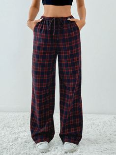 Plaid Printed Drawstring Waistband Slanted Pocket Loose Casual Wide Leg Pants Red Casual   Polyester Plaid Wide Leg Non-Stretch  Women Clothing, size features are:Bust: ,Length: ,Sleeve Length: