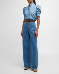 FRAME Gillian Denim Puff-Sleeve Top Denim Essentials, Everyday Chic, Puffed Sleeves, Puff Sleeve Top, Elbow Length Sleeve, Hip Length, Stand Collar, Fashion Brand, Neiman Marcus