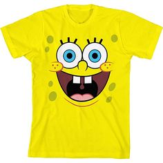 a yellow spongebob t - shirt with big eyes and an angry expression on it