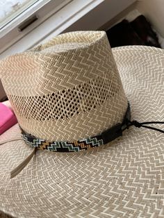 "5/8\" Wide Aztec Green and Gold Hat Band. All beadwork is beaded with 10lb extreme braided nylon line. All hat bands are finished at 23\" with glued than sewed down leather ends and an adjustable leather tie." Adjustable Straw Hat With Flat Crown For Rodeo, Adjustable Flat Crown Straw Hat For Rodeo, Western Braided Hat Band With Flat Brim, Adjustable Braided Western Hat, Braided Western Hat Bands, Western Style Braided Hat Bands For Flat Brim, Western Style Adjustable Braided Hat, Adjustable Braided Hat For Rodeo, Handwoven Flat Brim Hat For Rodeo