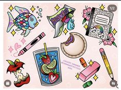 an assortment of cartoon items on a pink background