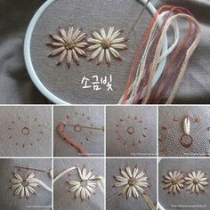 the instructions to make an embroidered flower with thread and yarn are shown in several different ways